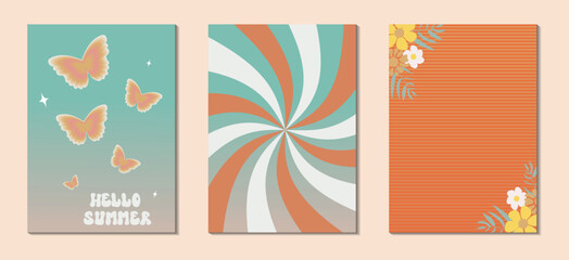 Groovy 70s backgrounds . Hippie Aesthetic. Posters in the style of 70s retro groovy with flowers and butterflies. Vector illustration