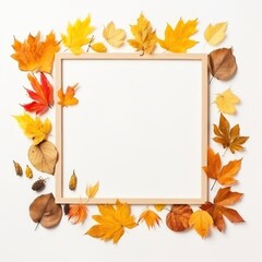 Naklejka na ściany i meble Frame made of autumn dried leaves on white background