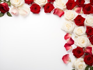 White banner background with with red roses and space for copy. AI generative art.