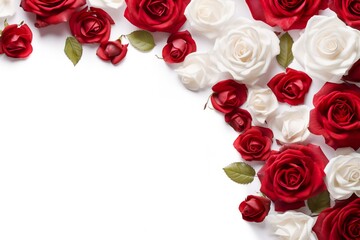 White banner background with with red roses and space for copy. AI generative art.