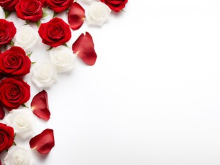 White banner background with with red roses and space for copy. AI generative art.