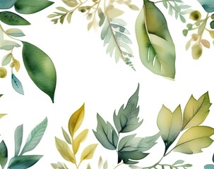 watercolor floral pattern with green leaves, hand painted on white background