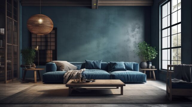 Cozy vintage living room in blue and gray tones. Stylish sofa, wooden coffee table, carpet on the wooden floor, pendant lamp, plants, home decor, large window with garden view. 3D rendering.