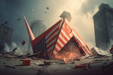 Fallen American flag against the background of the burning and crumbling skyscrapers. Collapse of the American economy, inflation, bankruptcy, destruction of the financial system. 3D illustration.
