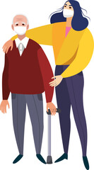 Young woman helping and supporting elderly man, healthcare assistance and accessibility colorful vector Illustration