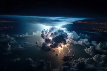 Naklejka premium Aerial view of a stormy night sky over the sea. Severe thunderstorm, cumulonimbus clouds and lightning. Colorful dramatic majestic landscape with sea horizon. Dark blue sky with amazing clouds.