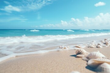 seashells in the sand on the beach, turquoise beach, beach sand and sky