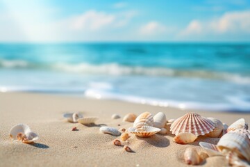 Fototapeta na wymiar seashells in the sand on the beach, turquoise beach, beach sand and sky