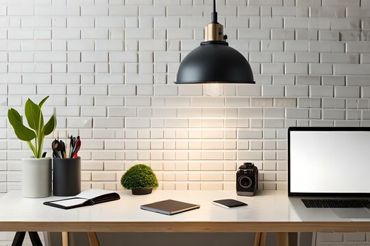 Local de trabalho moderno com laptop e acessórios na mesa perto da parede de tijolos. 