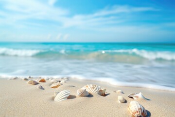 Fototapeta na wymiar seashells in the sand on the beach, turquoise beach, beach sand and sky