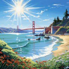 A scene from nature with a view of the Golden Gate. Green grass with wildflowers, clear blue sky with sun rays. Sea coast, water shimmering in the sun. Hills in the distance. Sunny day near San Fran