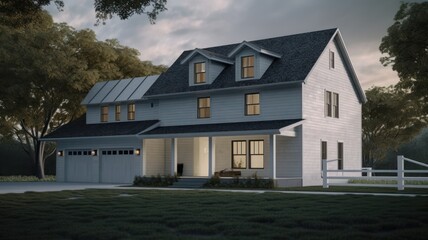 Fototapeta na wymiar Classic American suburban modern farmhouse. Two story, white siding walls, dark shingle roof, spacious porch, garage for two cars, neatly trimmed lawn, evening lighting. Mockup, 3D rendering.