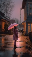 Little girl in pink raincoat with pink umbrella standing on street at night. Full body vertical side view shot.