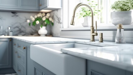 Fragment of a modern American kitchen with a window. Quartz stone countertop with integrated ceramic sink, tall faucet, kitchen utensils, plants in pots, flowers in a vase. 3D rendering.
