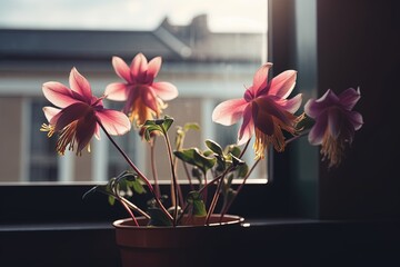 Fototapeta na wymiar Fuchsia flowers in a pot on the windowsill. Close up photo.