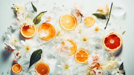A simple fruity floral concept. Summer exotic idea. Slices of fruit and white flowers as decoration. A refreshing composition of yellow and ocher colors and transparent elements. Flat position.