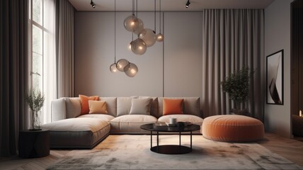 Interior of cozy modern living room. Stylish corner sofa and ottoman, coffee table, trendy pendant lamps, carpet on the floor, plants in pots, fabric drapery on the wall and window. 3D rendering.