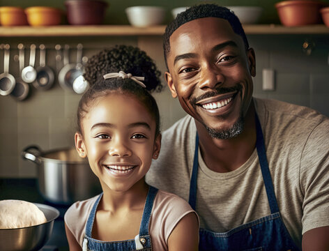 Portrait Of Black Father And Daughter In The Kitchen. Looking At The Camera And Smiling. Illustration Created With Generative AI Technology.