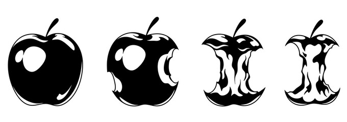 Black and white bitten apple. Healthy food concept. Vegetarianism. Fresh painted fruits.