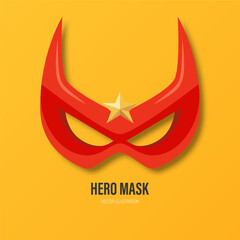 Vector Red Super Hero Mask on Yellow Background. Face Character, Superhero Comic Book Mask Design Template. Superhero Carnival Glasses, Front View