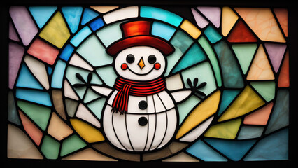 A snowman depicted as a stained-glass window with vibrant colors.