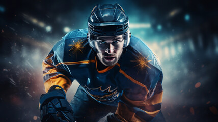 Naklejka premium Ice Hockey player athlete in the helmet and gloves on stadium with stick. Action shot. Sport concept. Sports betting. Bets in the mobile application. Generative AI