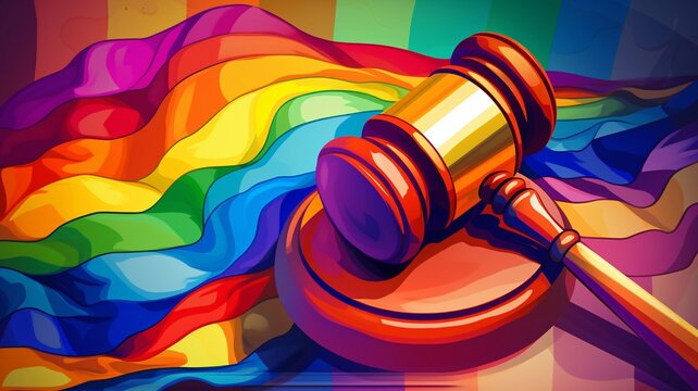 Wooden judge mallet on lgbt rainbow flag. Law and lgbt Generative AI