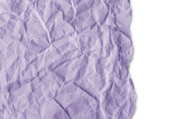 Recycled crumpled purple paper texture with a torn edge isolated on transparent, white background, PNG. Wrinkled and creased abstract backdrop, wallpaper with copy space, top view.