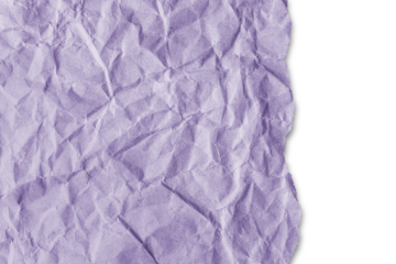 Recycled crumpled purple paper texture with a torn edge isolated on transparent, white background, PNG. Wrinkled and creased abstract backdrop, wallpaper with copy space, top view.