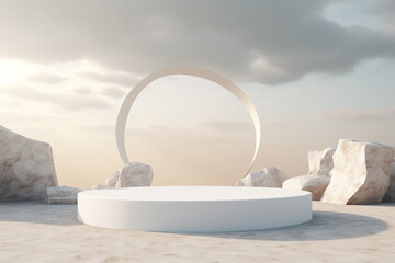 3d render, abstract background with white stone ruins Modern minimal showcase with empty stage or round podium for product presentation