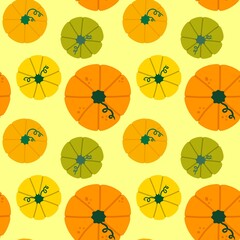 Fototapeta na wymiar Cartoon autumn harvest seamless Halloween pumpkins pattern for wrapping paper and fabrics and linens