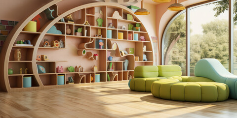 A cheerful kindergarten or preschool classroom with a playful curved wooden bookshelf, colorful carpeted floor, and sunny window—ideal for a vibrant 3D interior design background in early education - obrazy, fototapety, plakaty