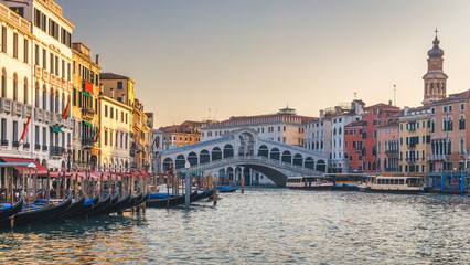 The Grand Canal with Rialto bridge in Venice at a beautiful sunny morning, Italy, Europe.