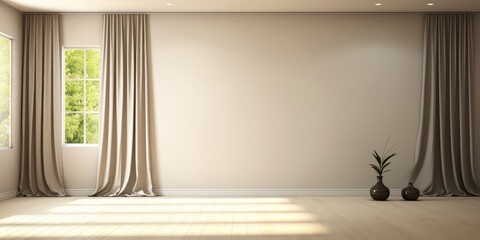 An empty room with a cream white wall, sunlight casting shadows through a black blackout curtain-draped window. 3D backdrop for showcasing luxury interior design, renovation, home appliance products.