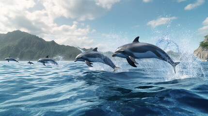 Deep Blue Beautiful dolphins jumping out of an amazing blue Ocean. Generative Ai
