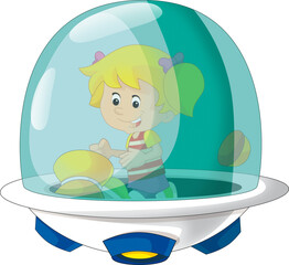 Obraz na płótnie Canvas Cartoon kid on a toy funfair space ship or star ship amusement park or playground isolated illustration for children
