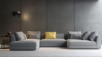 Fragment of a modern minimalist monochrome living room. Empty gray walls, comfortable corner sofa with pillows, coffee table, trendy floor lamp, carpet. Mockup, 3D rendering.