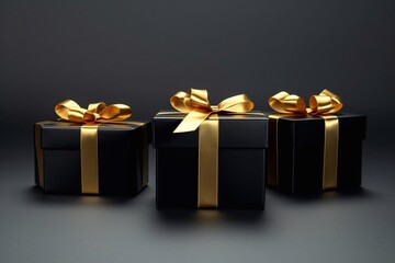 Three black gift boxes with golden bow - 3D illustration Generative AI