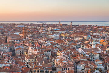 Top view of Venice from the St. Mark's Campanile tower at sunset, Italy, Europe. - obrazy, fototapety, plakaty