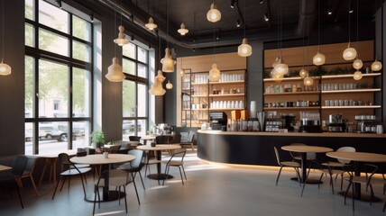 Fototapeta na wymiar Interior of a modern loft style coffee shop. Concrete walls with open shelves, wooden bar counter and tables, pendant lamps, green plants, large panoramic windows. Modern hipster lifestyle concept.