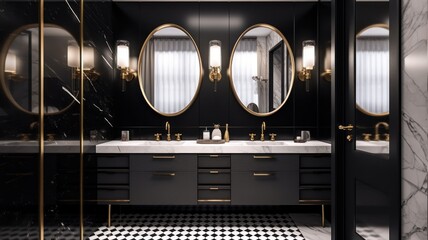 Spacious modern luxury master bathroom with two sinks. Black glossy walls, black cabinet with drawers and marble top, large mirrors with gilded frames, gold color faucets, wall lamps. 3D rendering.