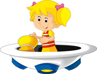 Cartoon kid on a toy funfair space ship or star ship amusement park or playground isolated illustration for children