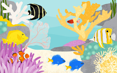 An ocean scene full of fish, corals, and plants, in a cut paper style with textures
