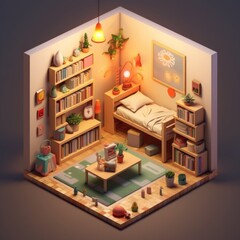 Isometric 3d bedroom interior in light and green tones. Ai generated 