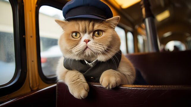All Aboard the Feline Express: Exotic Shorthair Cat Train Conductor Leading the Way