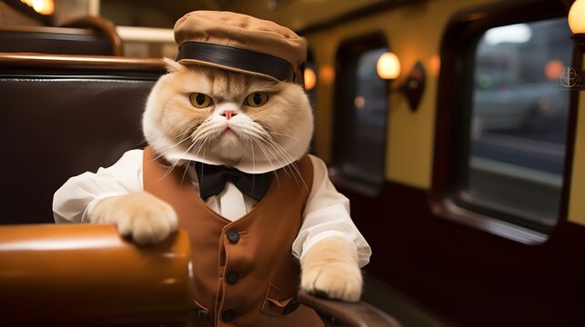 All Aboard the Feline Express: Exotic Shorthair Cat Train Conductor Leading the Way