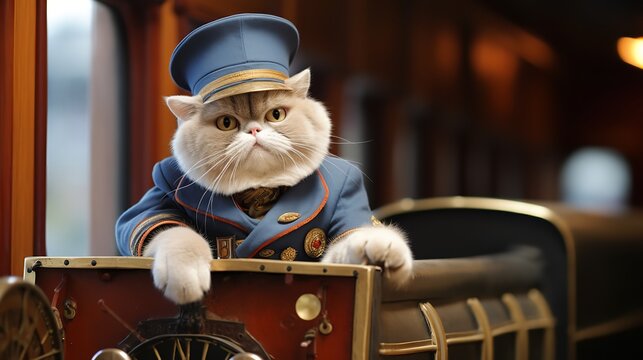Feline Express: Exotic Shorthair Cat Train Conductor