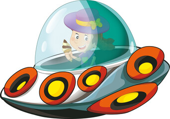 Cartoon kid on a toy funfair space ship or star ship amusement park or playground isolated illustration for children