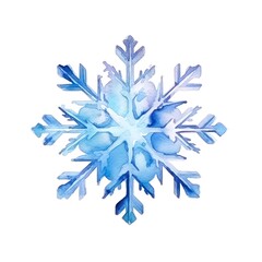 Blue snowflake on white background in watercolor style. Generative AI.