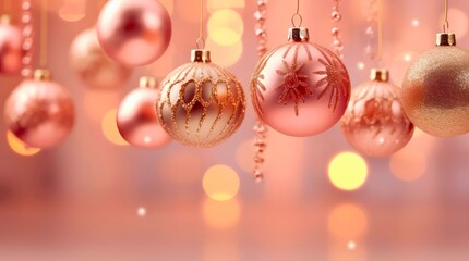 Christmas holiday banner with hanging pink festive decorations on blurred pink background. Generative AI.